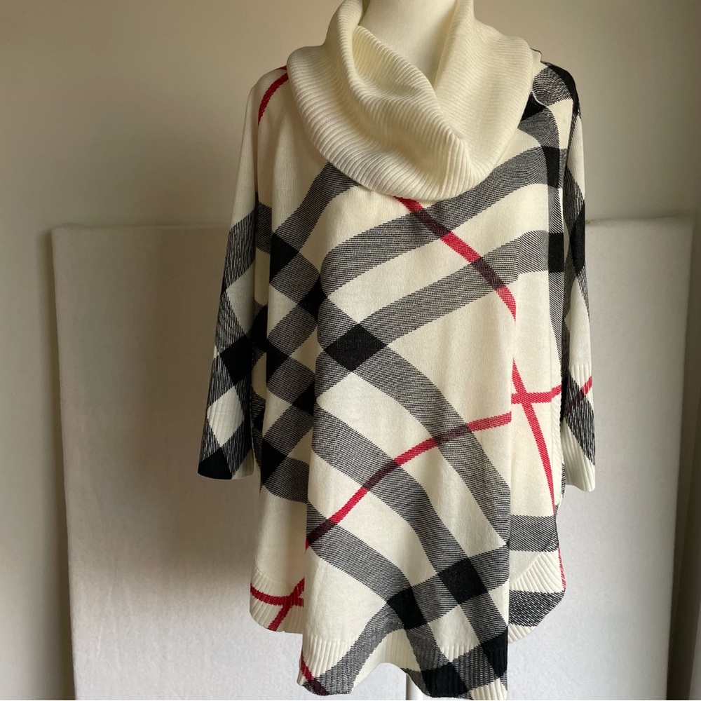 Cowl Neck Sweater in Cream, Black, and Red with High-low Hem, size L, NWOT - Picture 6 of 7
